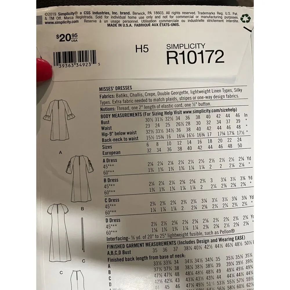 Misses Dress Simplicity Pattern R10172 Sizes 6 - 14 Several variations Uncut